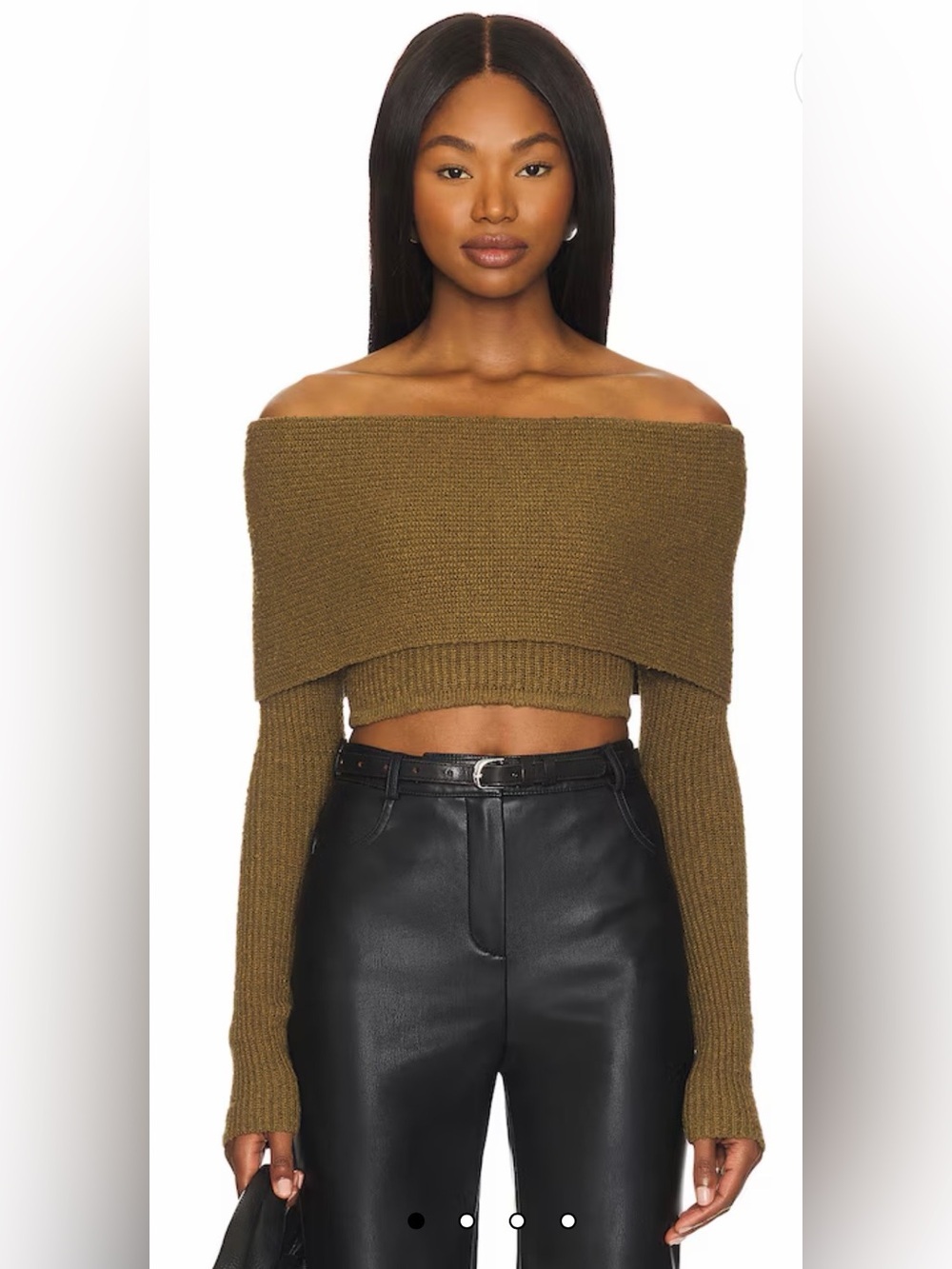 Camila Coelho Olive Off-Shoulder Cropped Sweater